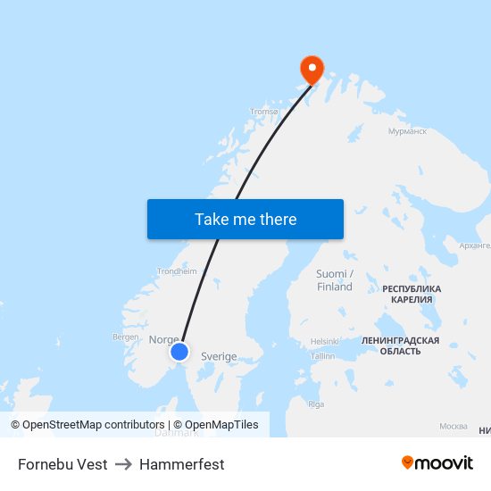 Fornebu Vest to Hammerfest map