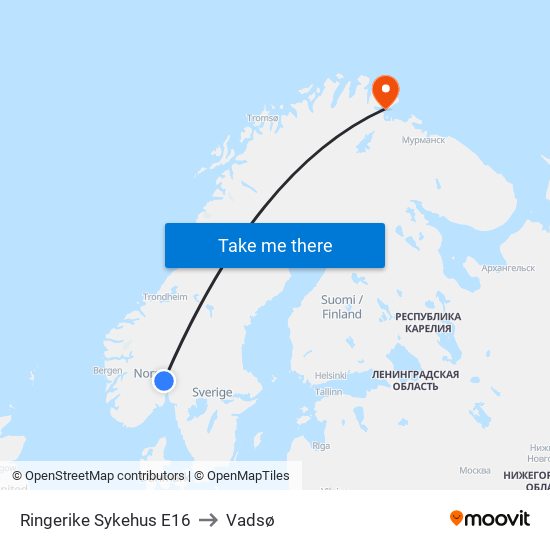 Ringerike Sykehus E16 to Vadsø map