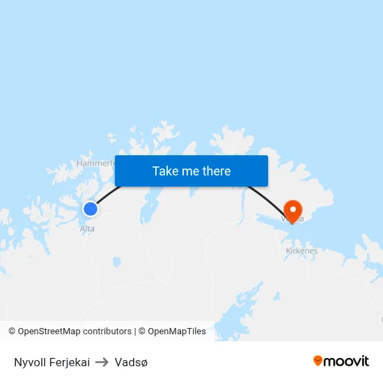 Nyvoll Ferjekai to Vadsø map
