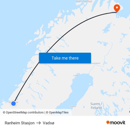 Ranheim Stasjon to Vadsø map