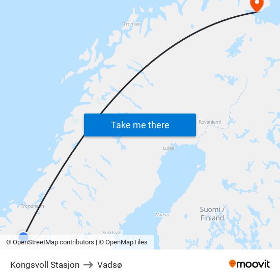 Kongsvoll Stasjon to Vadsø map