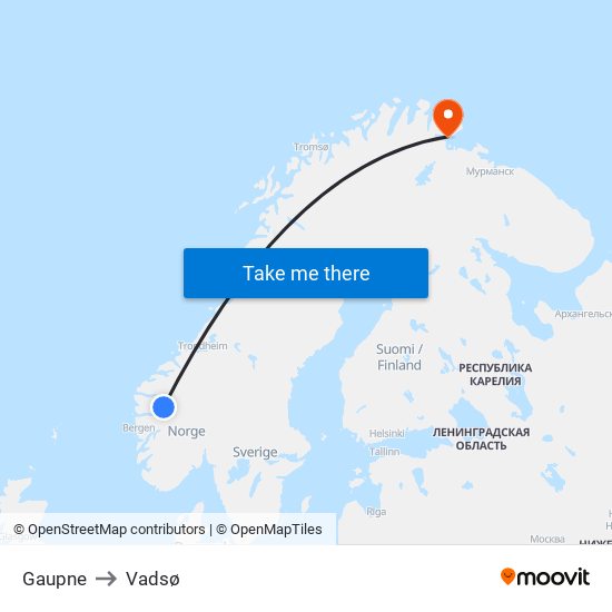 Gaupne to Vadsø map