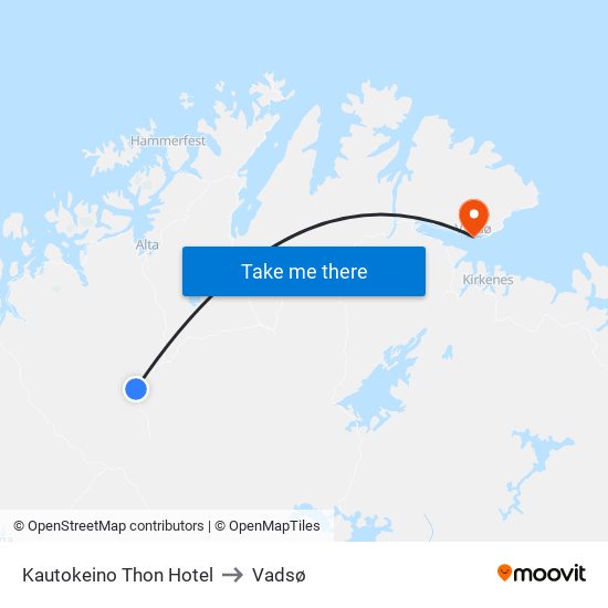 Kautokeino Thon Hotel to Vadsø map