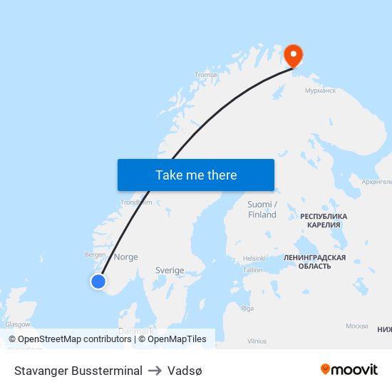 Stavanger Bussterminal to Vadsø map