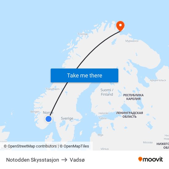 Notodden Skysstasjon to Vadsø map