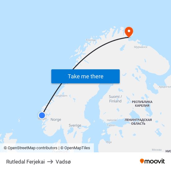 Rutledal Ferjekai to Vadsø map