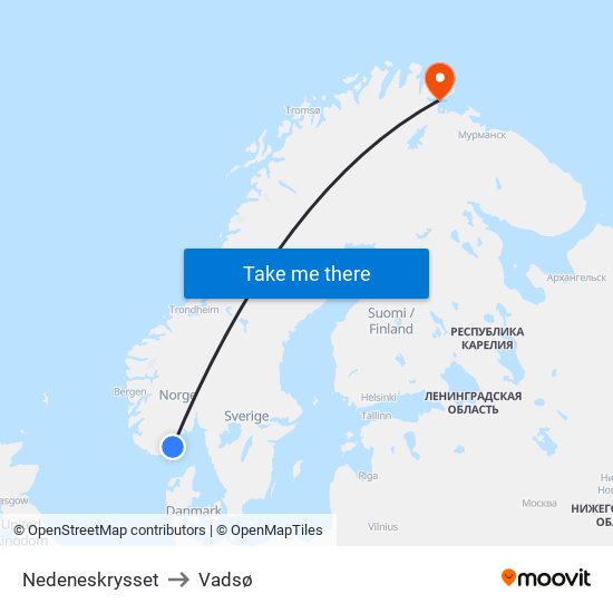 Nedeneskrysset to Vadsø map