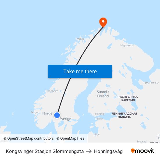 Kongsvinger Stasjon Glommengata to Honningsvåg map