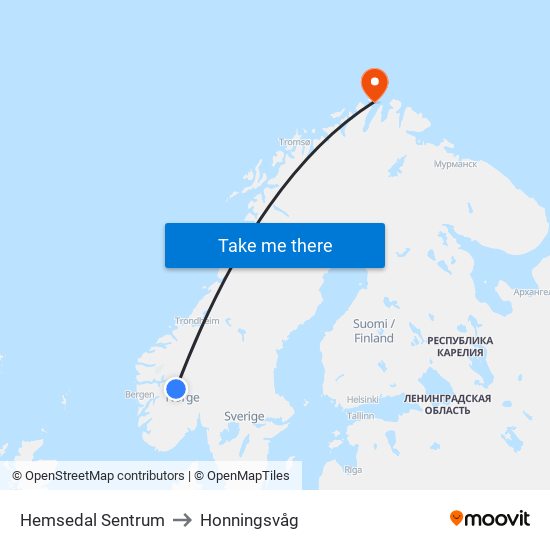 Hemsedal Sentrum to Honningsvåg map