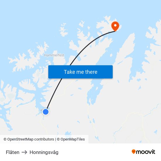 Flåten to Honningsvåg map