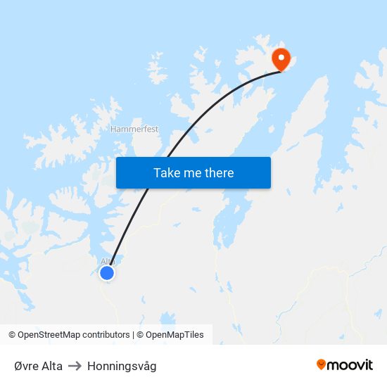 Øvre Alta to Honningsvåg map