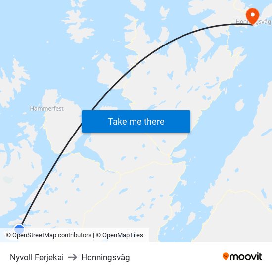 Nyvoll Ferjekai to Honningsvåg map