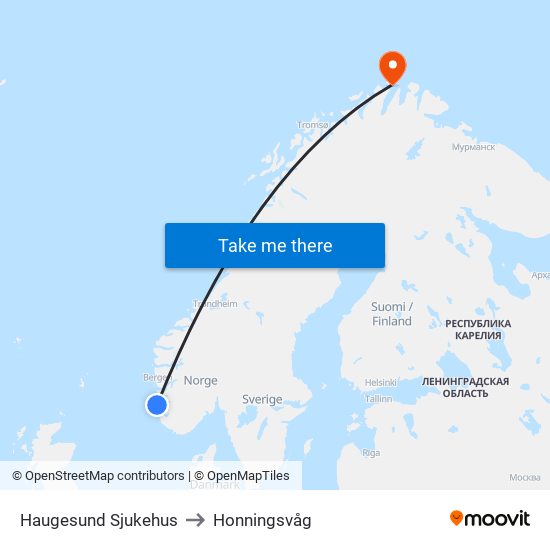 Haugesund Sjukehus to Honningsvåg map