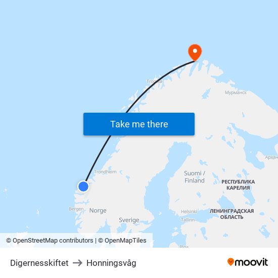 Digernesskiftet to Honningsvåg map