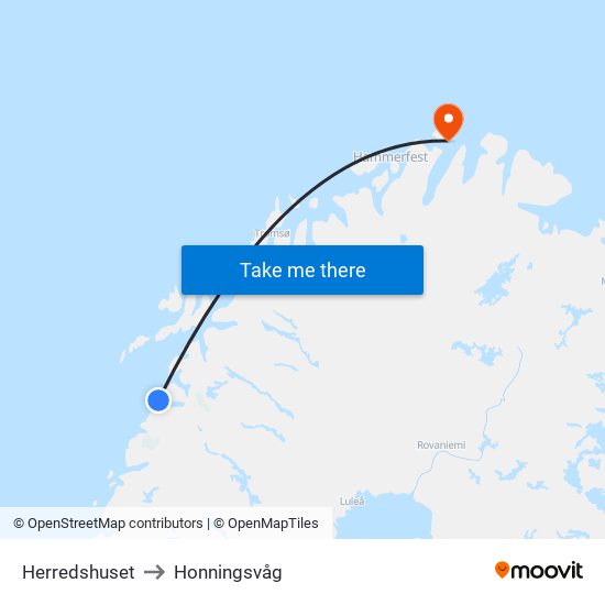 Herredshuset to Honningsvåg map