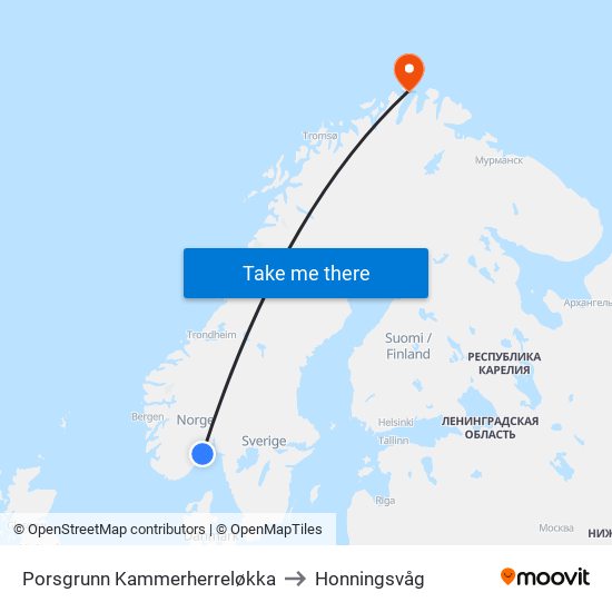 Porsgrunn Kammerherreløkka to Honningsvåg map