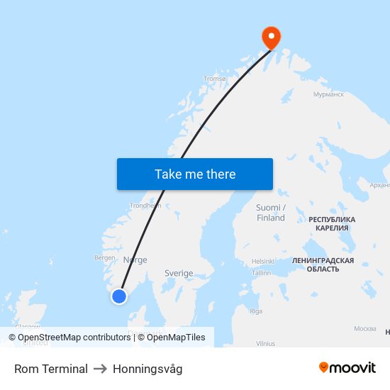 Rom Terminal to Honningsvåg map