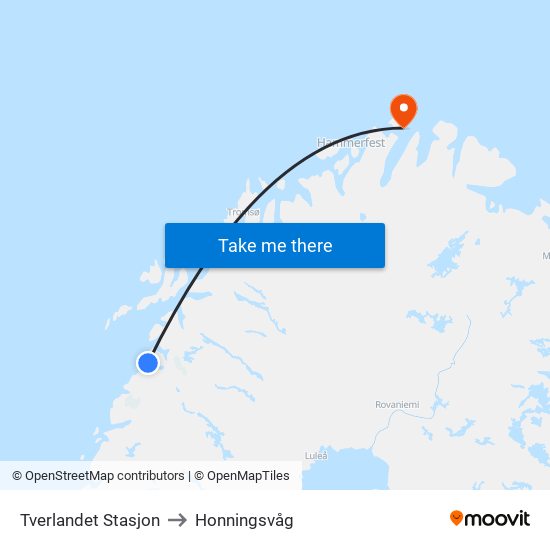 Tverlandet Stasjon to Honningsvåg map