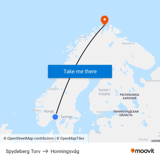 Spydeberg Torv to Honningsvåg map