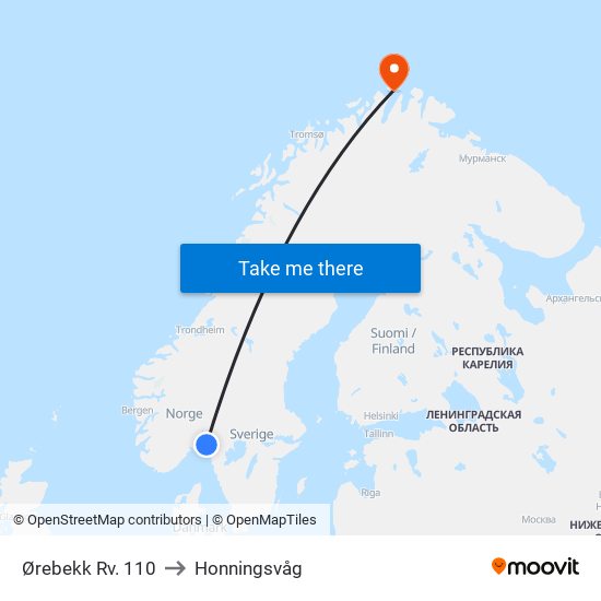 Ørebekk Rv. 110 to Honningsvåg map