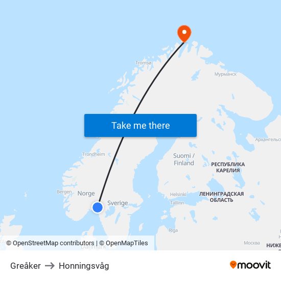 Greåker to Honningsvåg map