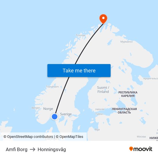 Amfi Borg to Honningsvåg map