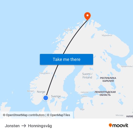 Jonsten to Honningsvåg map