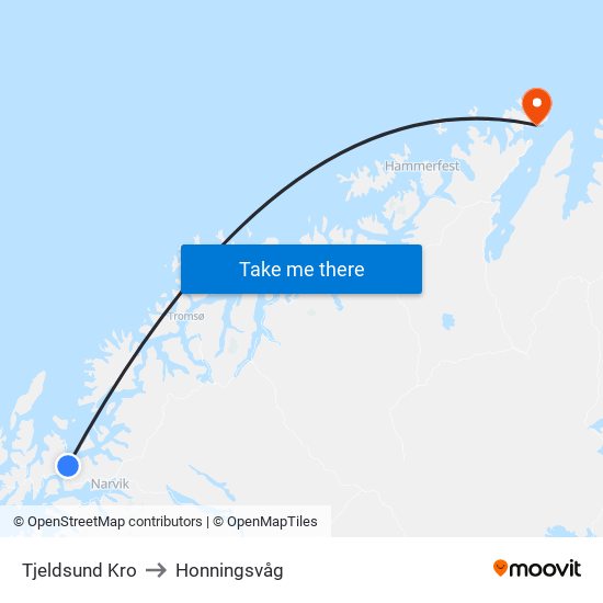 Tjeldsund Kro to Honningsvåg map