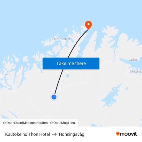 Kautokeino Thon Hotel to Honningsvåg map