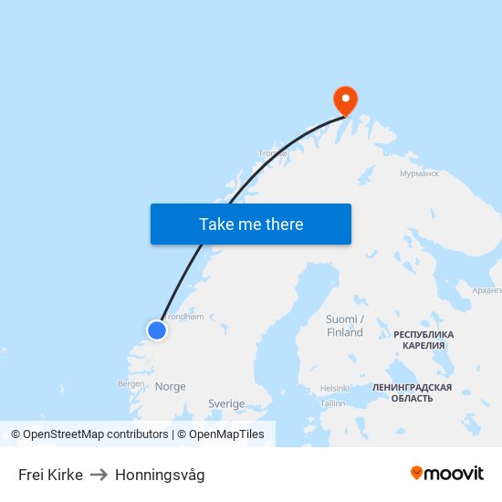 Frei Kirke to Honningsvåg map