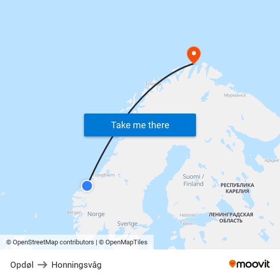 Opdøl to Honningsvåg map