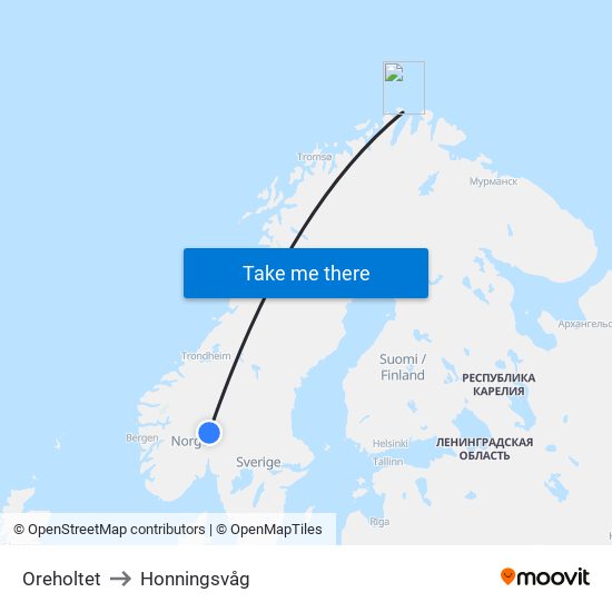 Oreholtet to Honningsvåg map