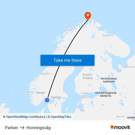 Parken to Honningsvåg map