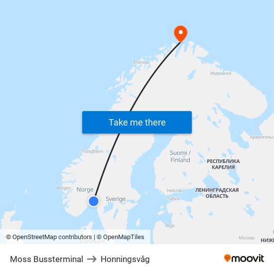 Moss Bussterminal to Honningsvåg map