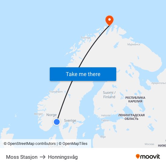 Moss Stasjon to Honningsvåg map