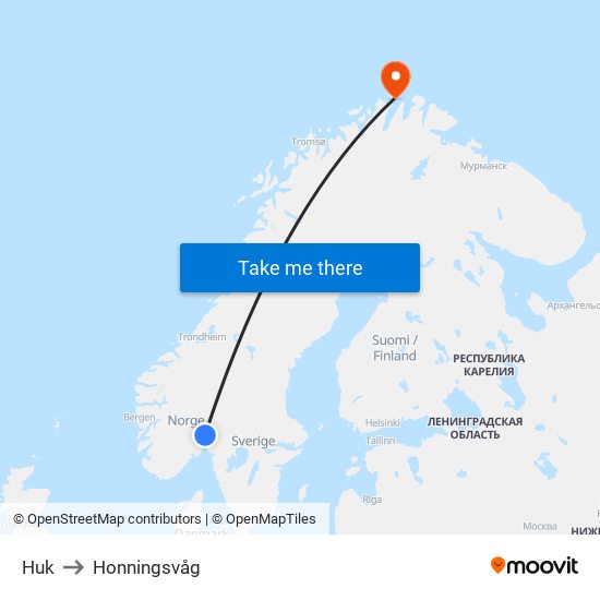 Huk to Honningsvåg map