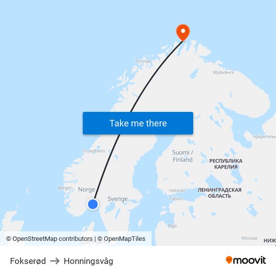 Fokserød to Honningsvåg map
