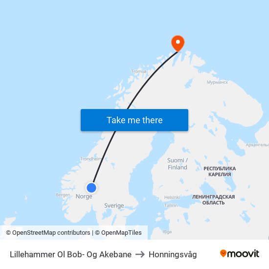 Lillehammer Ol Bob- Og Akebane to Honningsvåg map