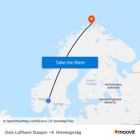 Oslo Lufthavn Stasjon to Honningsvåg map