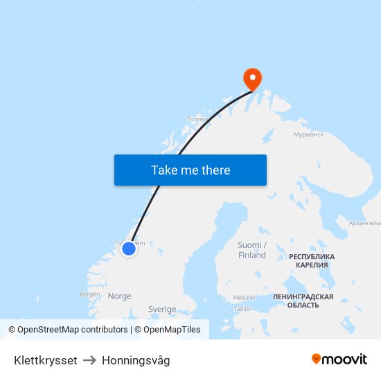 Klettkrysset to Honningsvåg map