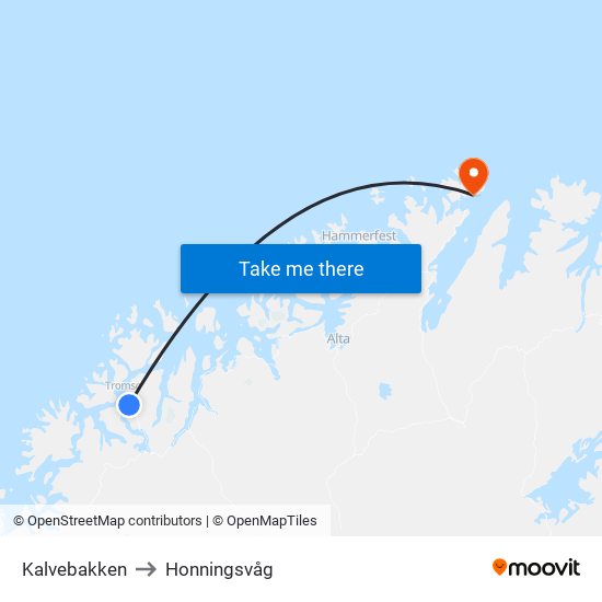 Kalvebakken to Honningsvåg map