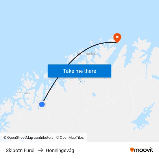 Skibotn Furuli to Honningsvåg map