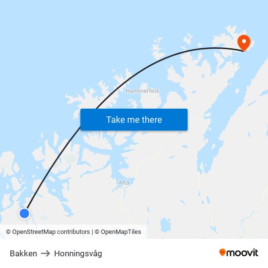 Bakken to Honningsvåg map