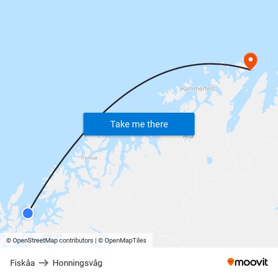 Fiskåa to Honningsvåg map