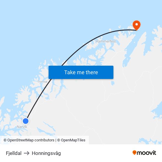 Fjelldal to Honningsvåg map