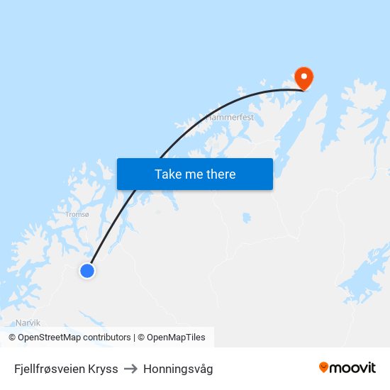 Fjellfrøsveien Kryss to Honningsvåg map