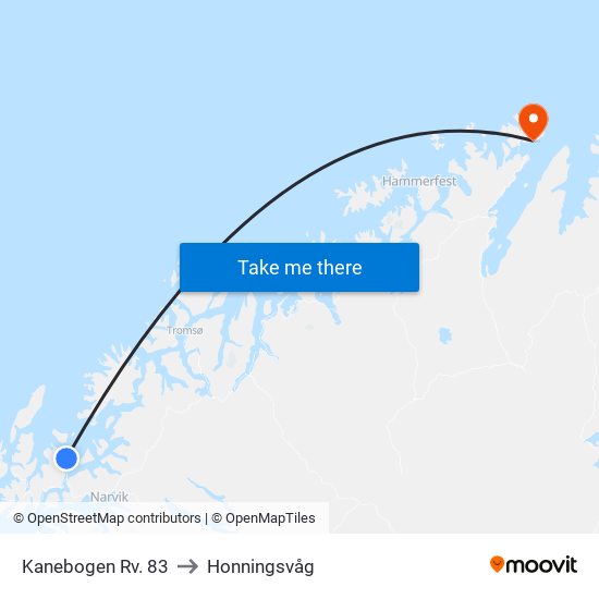 Kanebogen Rv. 83 to Honningsvåg map