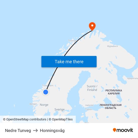 Nedre Tunveg to Honningsvåg map