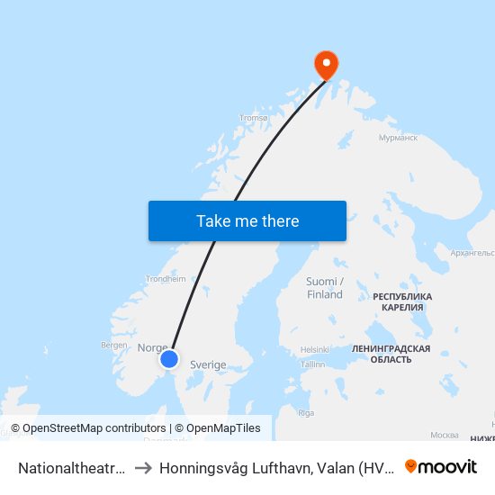 Nationaltheatret to Honningsvåg Lufthavn, Valan (HVG) map