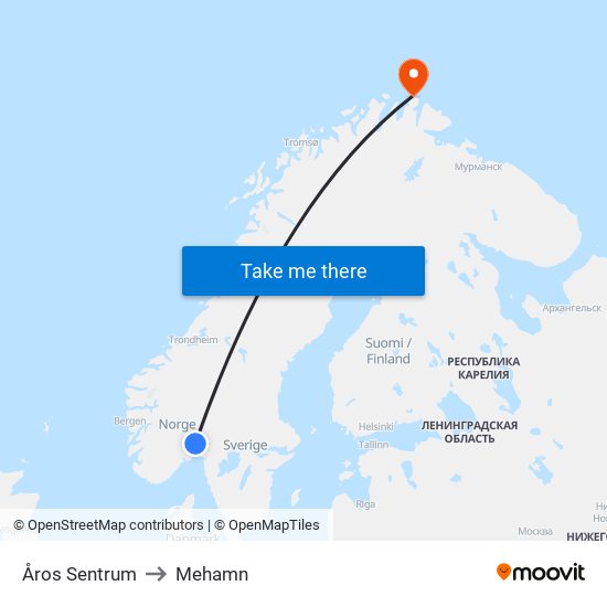 Åros Sentrum to Mehamn map